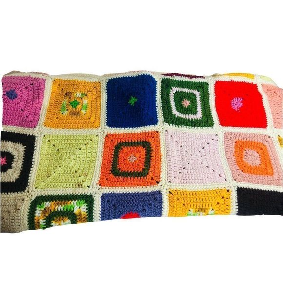 Retro VTG cream handmade knit crotchet blanket throw afghan blanket 50"x92" - Picture 2 of 7